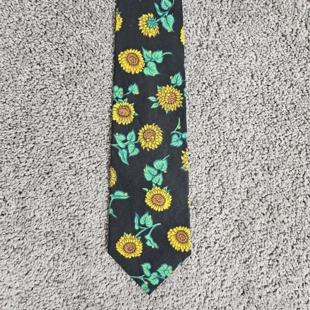 Vtg Britches Great Outdoors Necktie Black Cotton Sunflowers AOP 55